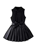 WDIRARA Toddler Girl's 2 Piece Outfits Button Collar Tank Top Pleated Pu Leather Aline Skirt Set Black 7Y