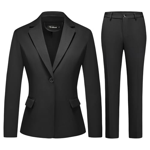 TRONSTORE Damen-Business-Anzug, 2-teilig, schmale Passform, klassisches Blazer-Hosen-Set für Damen, formelles Büro, Schwarz, Mittel