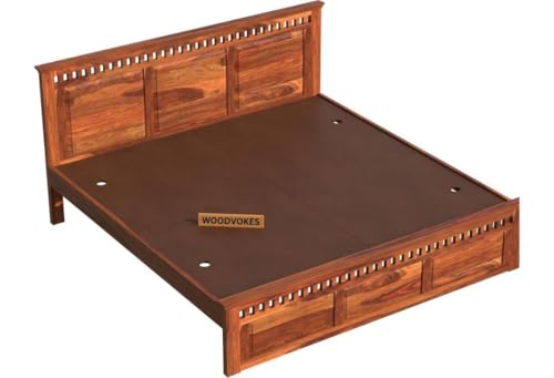 Image of Sheesham Wood King Size Bed Without Storage Solid Wooden Cot Bed Elegant and Functional Bedroom Living Room Home (Honey, King)