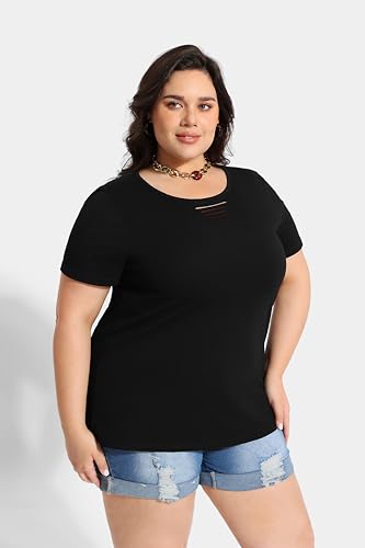Image of CARCOS Plus Size Tops for Women Short Sleeve Shirts Basic Tee Solid Color Blouse V Neck Tunic Loose Fit Tshirts Summer XL-5XL