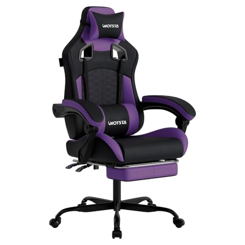 WOTSTA Gaming Chair with Massage,Ergonomic PC Gaming Chair with Footrest Comfortable Headrest and Lumbar Support,High Back Game Chair PVC Leather,300LBS (BlackPurple)