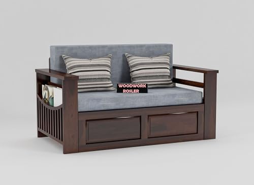 Image of Solid Sheesham Wooden Sofa Cums Bed with Mattresses for Living Room | Rosewood 2 Seater Sofa Cums Bed for Bedroom Without Pillow (A-Walnut)
