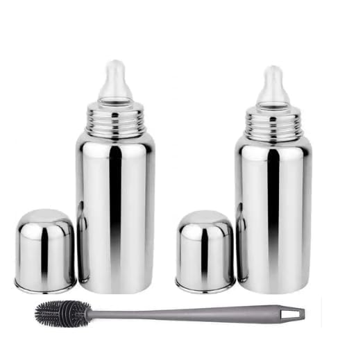 Image of Steel 304 Grade Feeding Bottle with Soft Silicone Nipple, Silver, 250 ml, (Silver Pack of 2 and Brush)