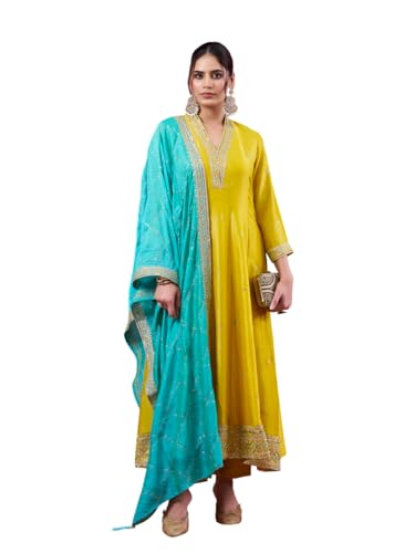 Image of MOKOSH Women's Silk Embroidery Anarkali Kurta Pant with Dupatta | Anarkali Kurta Set |Embroidered |V Neck Full Sleeve Ethnic Suit |3 Piece Outfit