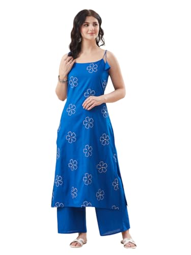 Image of MOKOSH Women's Cotton Embroidery Kurti with Palazzo | Kurta Set | Mirror Work | Round Neck Sleeveless | 2 Piece Outfit | Indian Kurta Outfit With Palazzo Pants