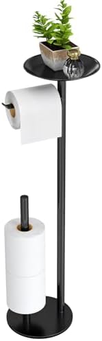 Toilet Paper Holder Stand with Metal Base, Toilet Paper Holder Stand Free Standing with Phone Shelf, Large Capacity Bathroom Toilet Paper Stand Reserve for 4 Rolls (Black-D)