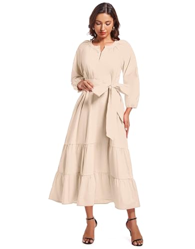 Image of YEXPINE Women's Ruffle Maxi Dress Puff Sleeve Flowy Tiered Long Dress with Belt