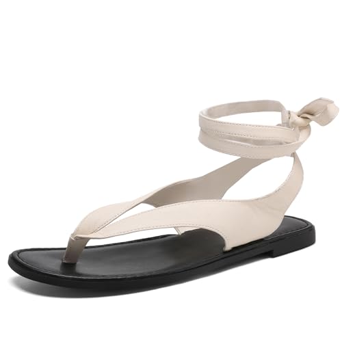 Ankle Strap Flat Sandals for Women Comfortable Lace Up T-Strap Slip on Flip Flops Flats Ladies Fashion Cute Thong Sandals Summer Soft Flip Flops Sandals