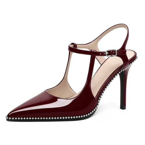 Image of SAMMITOP Womens High Heels Ankle Strap Pointed Toe Stilettos Patent Leather Beaded Pumps Dress Shoes 3.5 Inch
