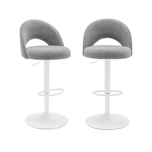 sweeek - Lot de Deux tabourets de Bar Ajustables métal et Tissu Gris Clair. Pied Blanc - L 49 x P 49 x H 88.5-110cm - Abby