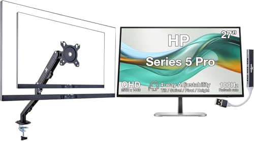 Image of HP Series 5 Pro 27 inch Inch QHD USB-C Docking Monitor | 4-Way adjustability Tilt /Swivel /Pivot /Height, VESA Mount, Displayport, Black /Silver, W /DKZ Hub & Single Mount Arm