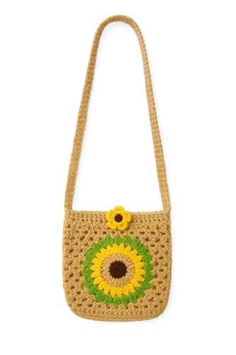Image of Handmade Crochet Sunflower Crossbody Bag, 15 cm x 17 cm, Beige with Yellow Flower Design