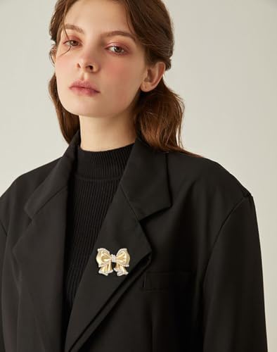 Image of Cute Pearl Bow Knot Lapel Brooch Pin for Women Girls 14K Gold Plated Ribbon Bowknot Brooches Pins Elegant for Sweater Hat Dresses Suit Badges Clothes Accessories Jewelry