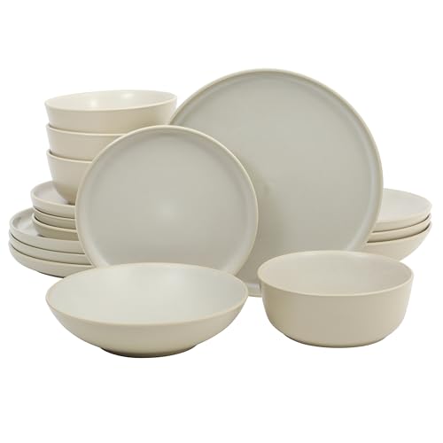 Image of Gibson Elite Tribeca Loft 16-Piece Dinnerware Set - Matte Cream and White Reactive Glaze Stoneware, Double Bowl Round Plates and Bowls - Modern Neutral Tableware for 4, Dishwasher & Microwave Safe