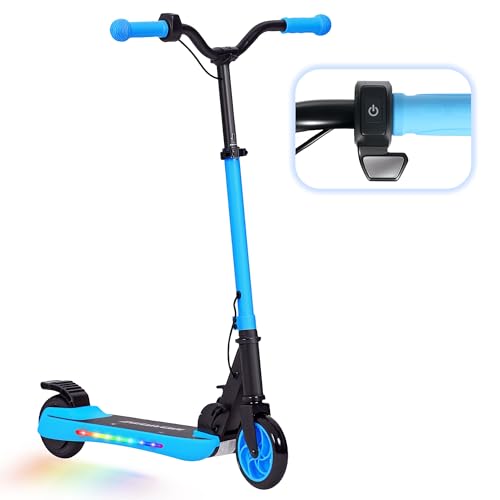 SPORTNOW Patinete Eléctrico Plegable MAX 10 KM/H Patín Eléctrico de +6 Años Motor 120 W Autonomía 6 KM Ruedas de 5' - 5,5' Freno Posterior Altura Ajustable Luces LED y Marco de Aluminio Azul