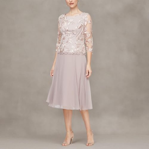 Image of Alex Evenings Women's Tea Length Embroidered Bodice Mother of The Bride Gown, Wedding Guest Dress (Petite and Regular Sizes)