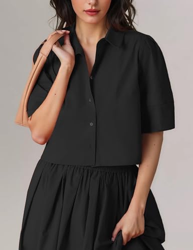 Image of Womens Summer 2 Piece Outfits Skirt Sets Button Short Sleeve Tops Elastic Waist Maxi Dress Sets with Pockets