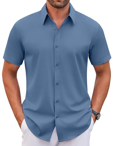 COOFANDY Shirts for Men Short Sleeve Button Down Shirts Stretch Casual Dress Shirts Grayish Blue