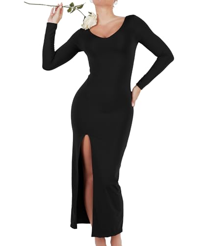 Popilush Shapewear Dresses for Womens Long Sleeve V Neck Maxi Dress with Slit Bodycon Wedding Guest Formal Fall Dress