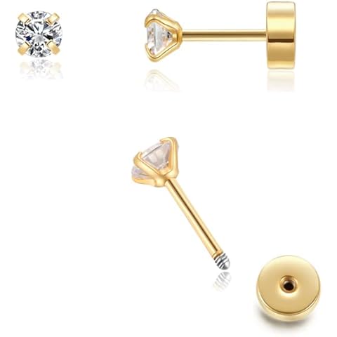 Renkovte Flat Screw Back CZ Stud Earrings,Small Flat Back Cubic Zirconia Stud Earrings for Helix Cartilage Tragus Earlobe Piercing for Women,2mm CZ 3mm CZ 4mm CZ Gold Color
