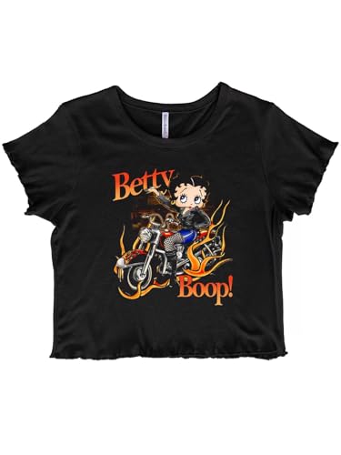 Biker Betty Boop Flaming Motorcycle Juniors Lettuce Trim Crop Top Womens Baby Tee Black