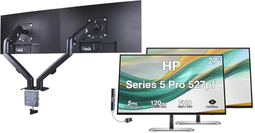 Image of HP Series 5 Pro 527pf 27 inch FHD IPS Monitor with 5ms Response Time, Anti Glare, Flicker Free, VESA Mount (100mm), Displayport, HDMI, Black (B28F5UT#ABA) 2 Pack w /DKZ Hub & ErgoFlexy Dual Mount Arms