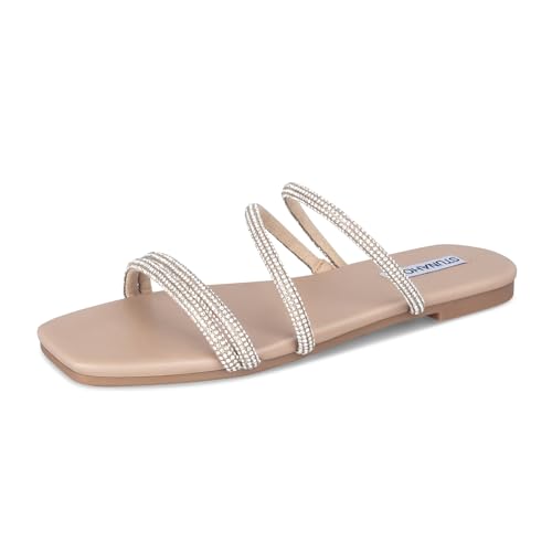 Image of STUNAHOME Women's Rhinestone Thong Flat Sandals Open Toe Slide Sandals with Square Toe Bling Strap