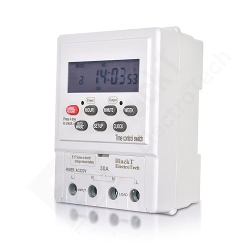 Blackt Electrotech BT41D6 230V 30Amps Digital Programmable Timer Switch | DIN Rail Mounted | 18 On/Off Programs | Daily/Weekly Cycle & Second Setting | Heavy Duty for Industrial & Home Use