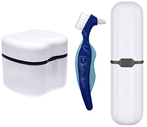 Denture Case,Denture Cups Bath, Toothbrush with hard denture, Dentures Container with Basket Denture Holder for Travel,Mouth Guard Night Gum Retainer Container (Black)