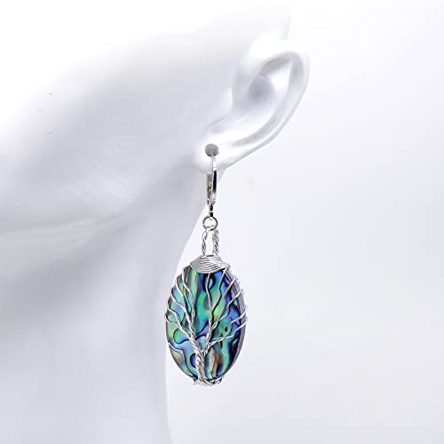 Abalone Shell Tree of Life Dangle Leverback Earrings for Women, Oval Shaped/Iridescent Color2