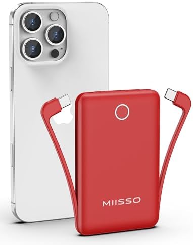 miisso 10000mAh Compatible with iPhone 15/16/17 and Android, Slim Portable Charger with Built in Cable, Power Bank Travel Charger External Battery Pack for Phone, 3 Output USB Type C Cord, Red