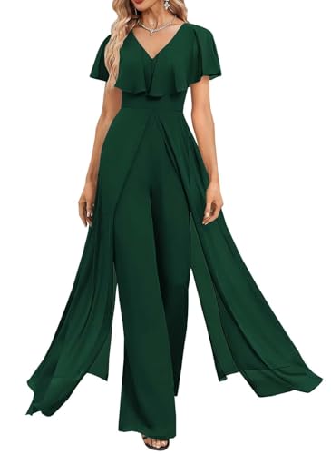 Women's Bridesmaid Pant Suits Chiffon V Neck Outfit Set Evening Gowns Jumpsuit Wedding Party with Puffy Sleeve