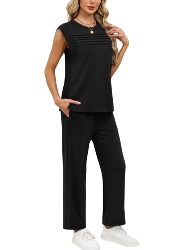 WIHOLL Two Piece Sets for Women Summer Spring Lounge Sets Travel Vacation Outfits Cap Sleeve Side Slit Wide Leg Pants S-3XL - Image 5