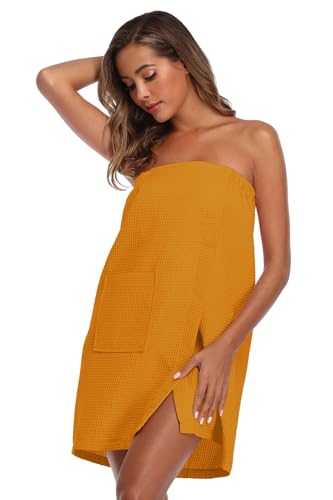 Image of Women's Bath Towel Wrap Waffle Spa Body Wrap with Adjustable Closure Quick Dry Lightweight Towel Robes with Pocket, Orange S /M
