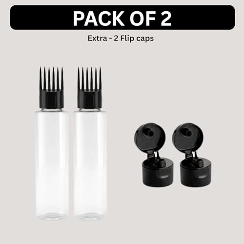 Image of Hian Hair Oil Applicator Bottle with Comb Tip & Two Flip Caps | 100 ml, Pack of 2 (Black) | Transparent Refillable Plastic | Root Care & Mess-Free Scalp Application | For Easy Oil & Shampoo Dispensing