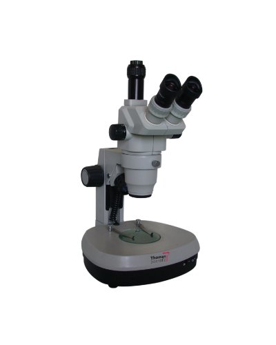Image of GL7-380 Trinocular Stereo Zoom Microscope, 10x Eyepieces, 6.5x-45x Magnification, 0.65x-4.5x Zoom Objective, Greenough Optical System, Upper and Lower Halogen Illumination, Fixed Stage, 115V