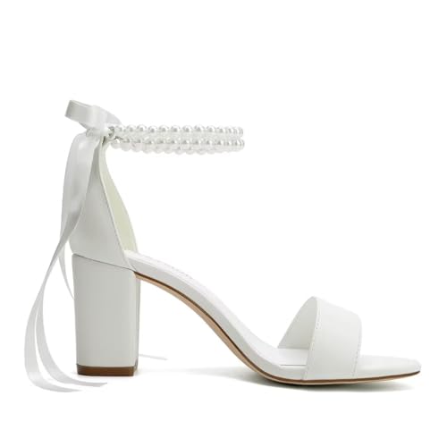 Block Heel Wedding Shoes for Bride Women Chunky Heeled Sandals Pearl Bridal Shoes4