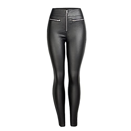 Black Pu Zipper Leather Pants High Waist Stretch Faux Leather Women Pencil Trousers 2XL