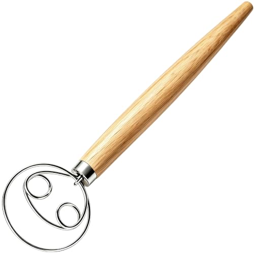 Maxjoy Danish Dough Whisk - Wooden Bread Mixer With Stainless Steel Hook - Traditional Dutch Hand Tool for Sourdough Bread Making