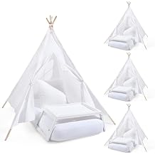 6 Sets Teepee Tent with Inflatable Airbed, Bed Tray Table, Fitted Sheet and Pillow Insert Play Tent for Indoor Outdoor Slumber Sleepover Party