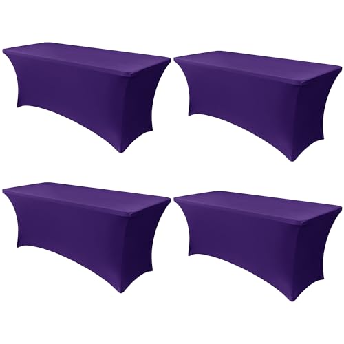 Image of Obstal 6ft Stretch Spandex Table Cover - 4 Pack Universal Rectangular Fitted Tablecloth Protector for Wedding, Banquet and Party (Dark Purple, 72L x 30W x 30H Inches)