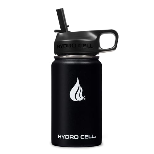 HYDRO CELL Stainless Steel Insulated Water Bottle with Straw - For Cold & Hot Drinks - Metal Vacuum Flask with Screw Cap and Modern Leakproof Sport Thermos for Adults (Black 14oz)