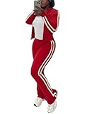HBQ Women's 2 Piece Sweatsuit Sets Zip Up Crop Tops and Flare Pants Casual Striped Tracksuit Jogger Loungewear Set-Red-XL