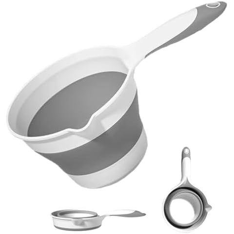 Collapsible Plastic Water Ladle Folding Scoop for Bath Soaking Cleaning, Portable Water Pourer Dipper Spoon for Camping Travel, Small Shower Bucket Basin Tub Rinse Cup Mug for Hair Washing, Gray Cover
