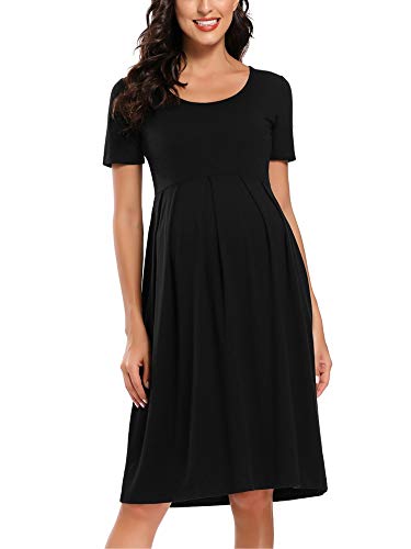 Love2Mi Vestido de maternidad de manga corta para mujer, casual, acampanado, vestido midi para embarazada, Negro, L