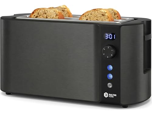 Balter Toaster 4 Scheiben, Langschlitz, Edelstahl, Brötchenaufsatz, LCD Display mit Restzeitanzeige, Auftaufunktion, Brotzentrierung, Krümelschublade, TS-04-LCD, Farbe: Grau