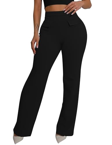 GOKATOSAU Women's Hight Waist Decorative Front Pocket Trousers Straight Wide Leg Long Flared Pants