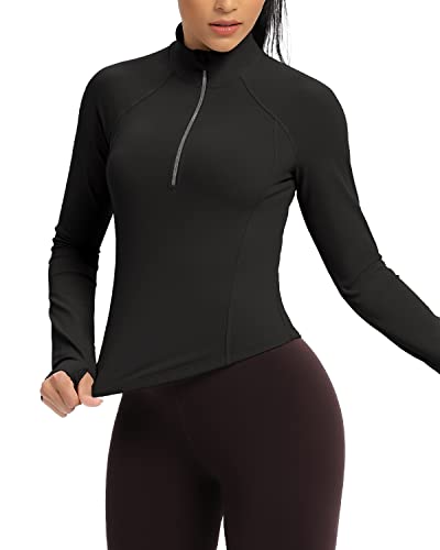 Colorskin Women's Cropped Athletic Jackets Half Zip Pullover Long Sleeve Workout Shirts Crop Tops For Running Yoga(Black,Medium) #TOP2