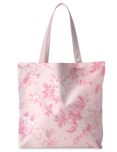 ignytiger Pink Floral Flower Canvas Tote Bags For Women, Pink Reusable Grocery Bags Shopping Bags