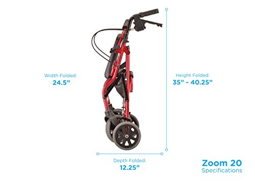 Nova Zoom Rollator Walker With 20” Seat Height, Rolling Walker With Locking Hand Brakes, Padded Seat And 8” Wheels, Color Red #TOP3
